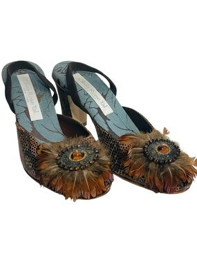 Olivia Rose Tal Slingback Heels Snakeprint Pattern Feathers Embellished Brooch 6